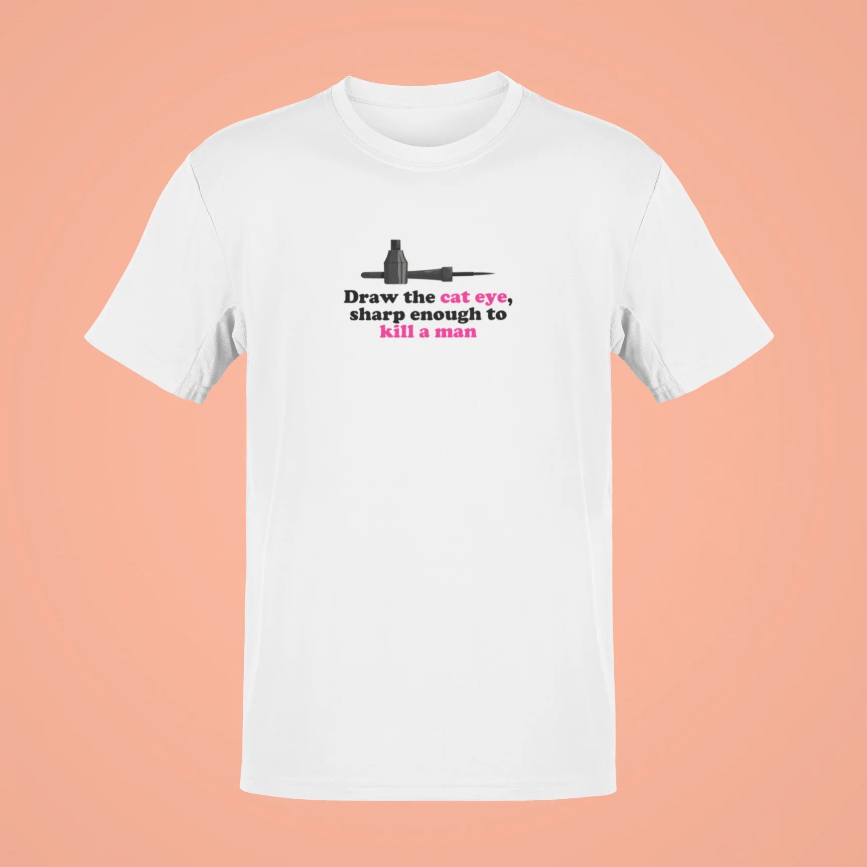 draw the cat eye sharp enough to kill a man oversized t shirt 2 white