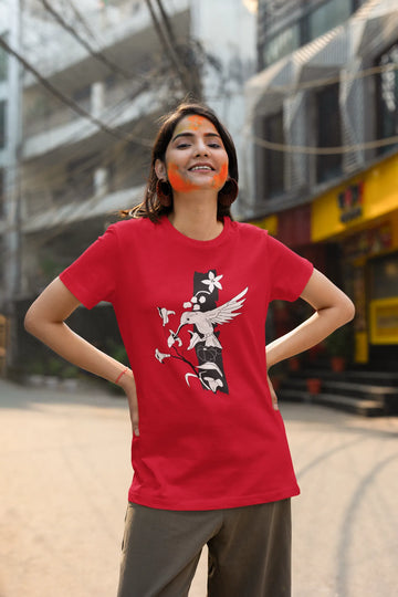 Bloem- en vogel-T-shirt