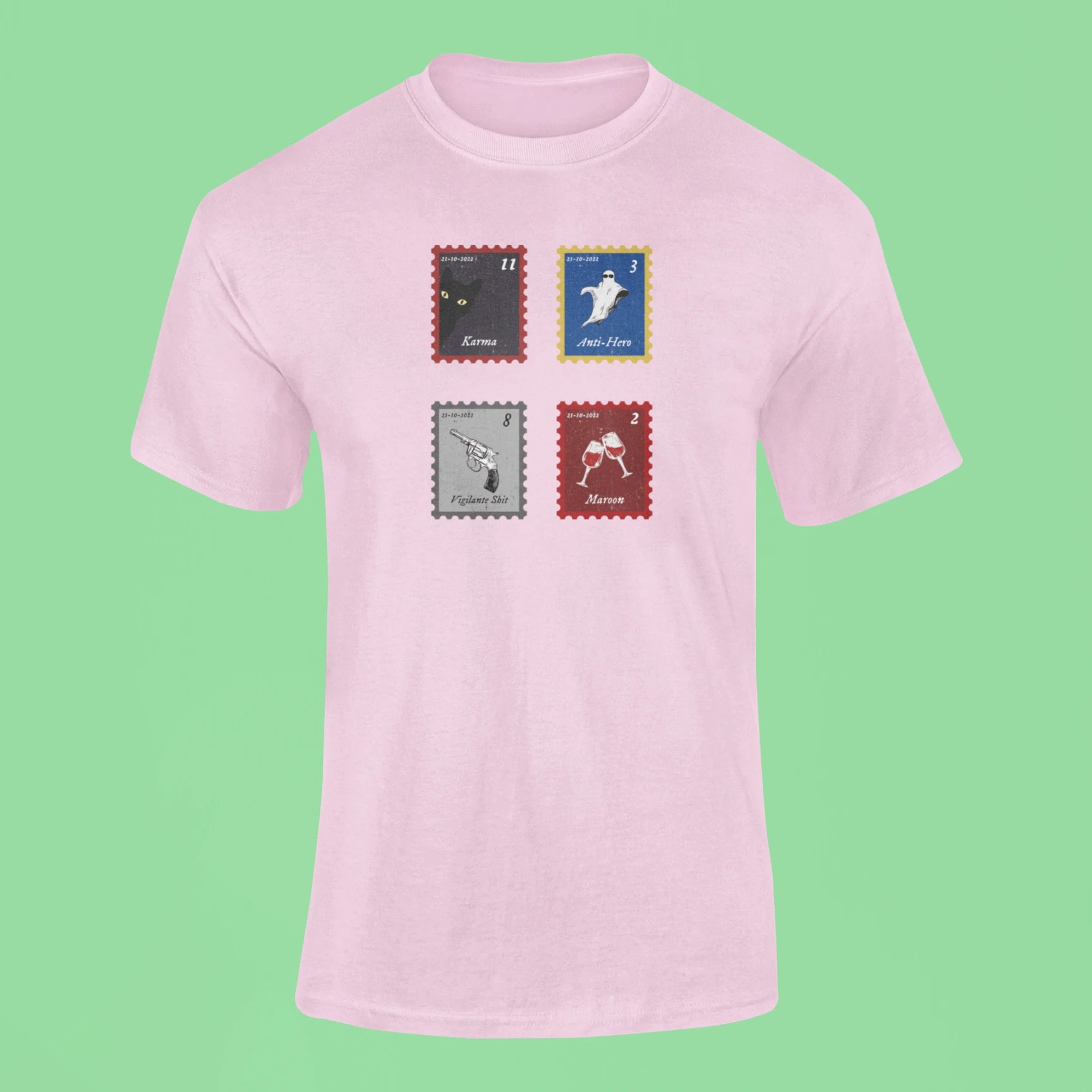 midnights song stamps karma t shirt pink