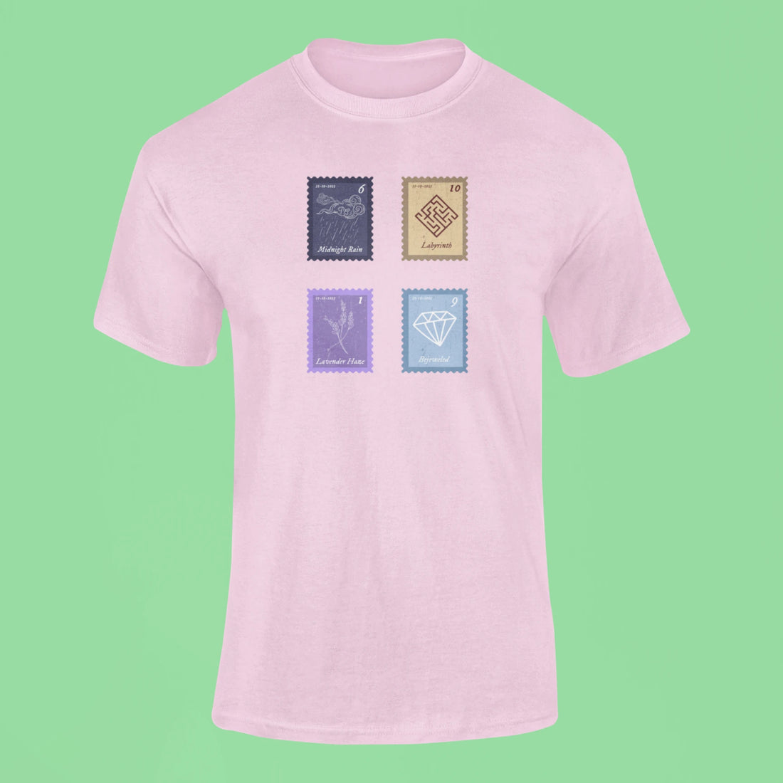 midnights song stamps midnight rain t shirt pink