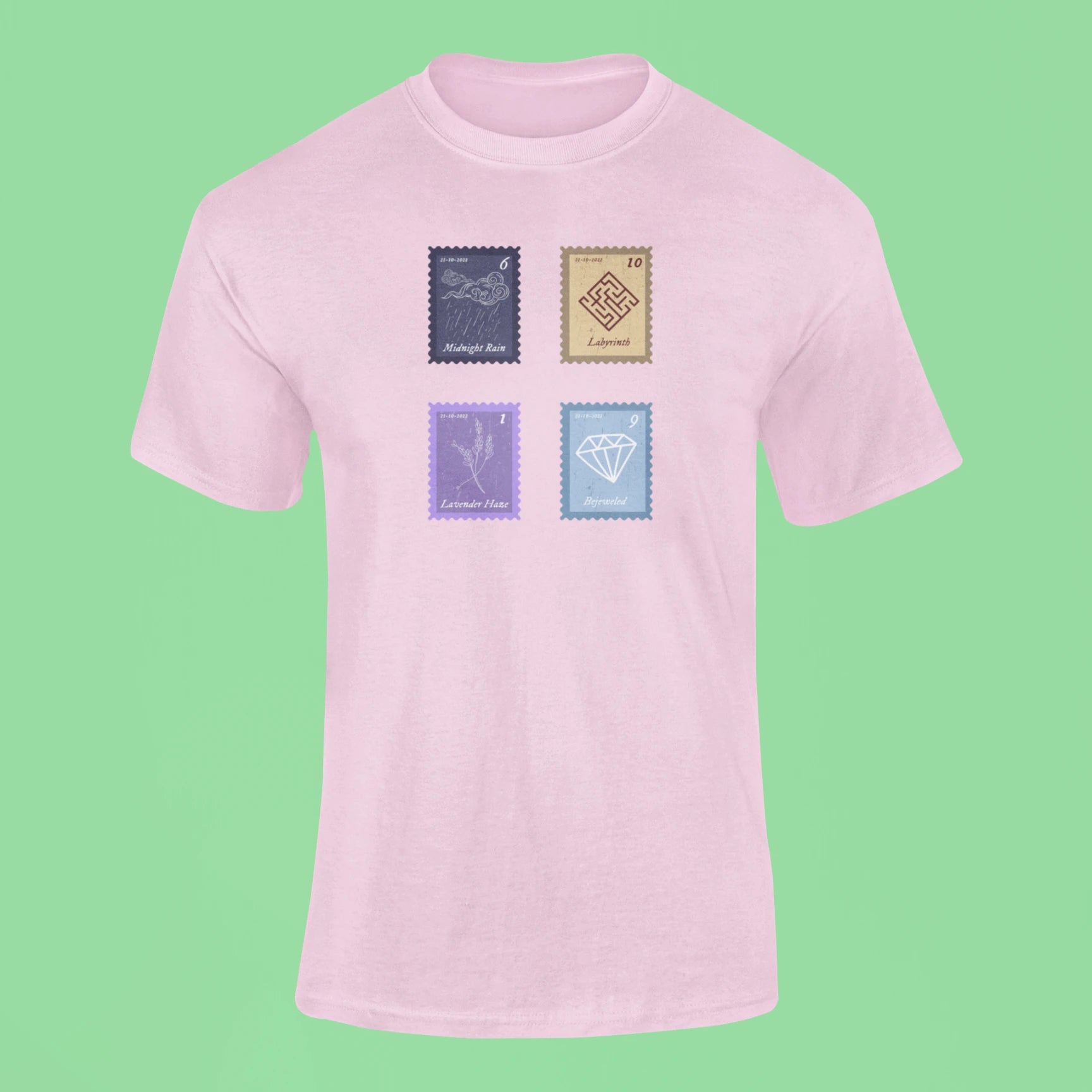 midnights song stamps midnight rain t shirt pink