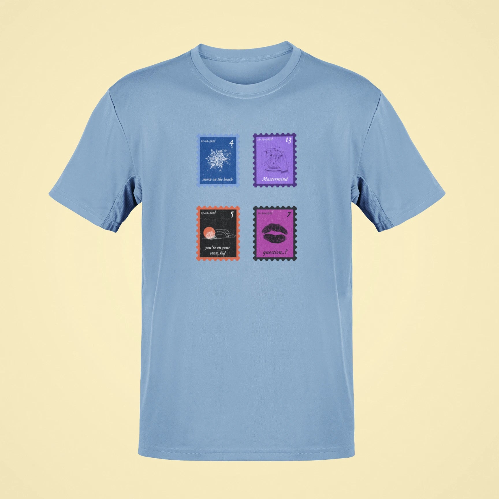 midnights song stamps snow on the beach oversized t shirt baby blue