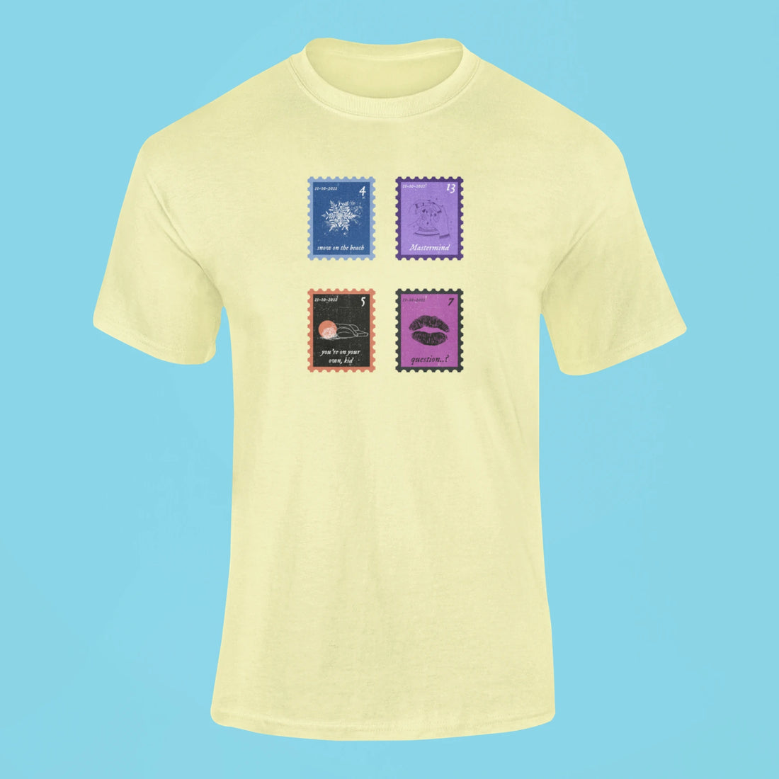 midnights song stamps snow on the beach t shirt butter yellow