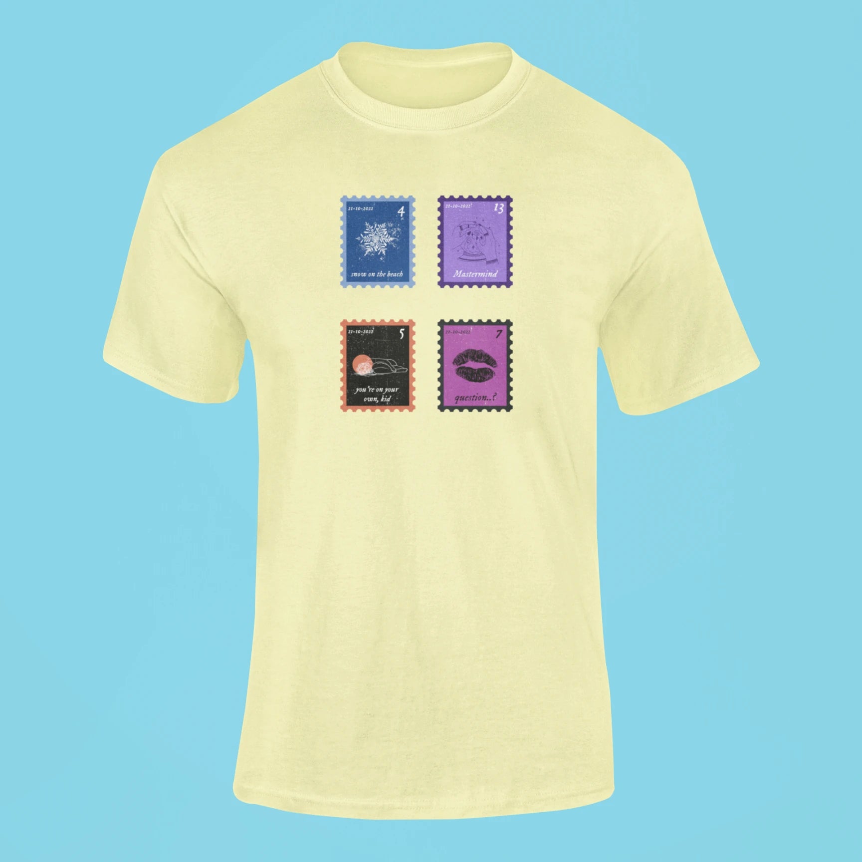 midnights song stamps snow on the beach t shirt butter yellow