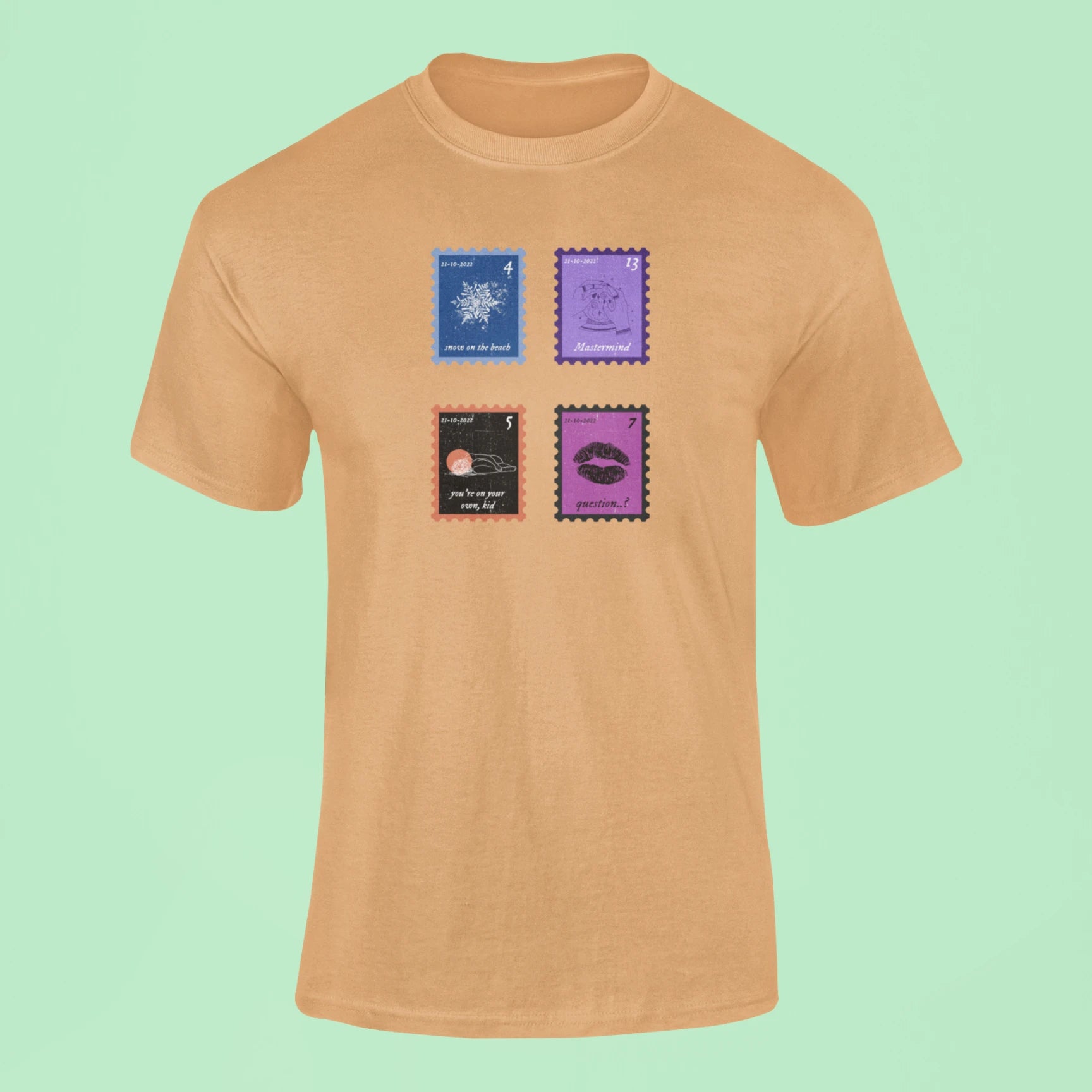 midnights song stamps snow on the beach t shirt mustard yellow
