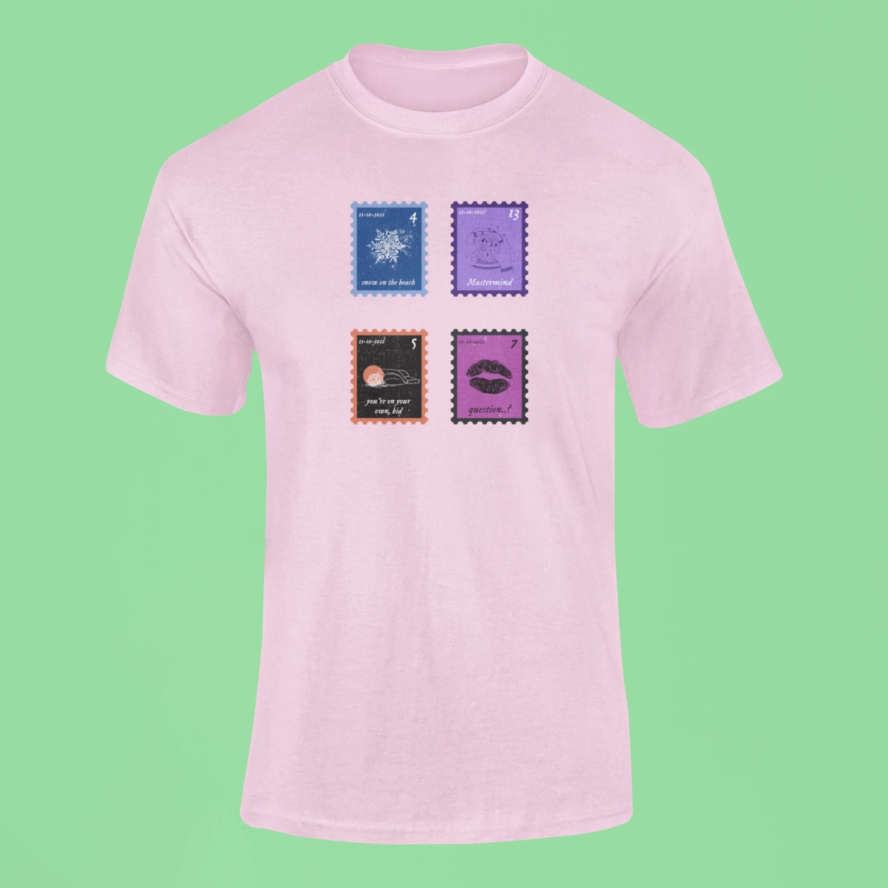 midnights song stamps snow on the beach t shirt pink