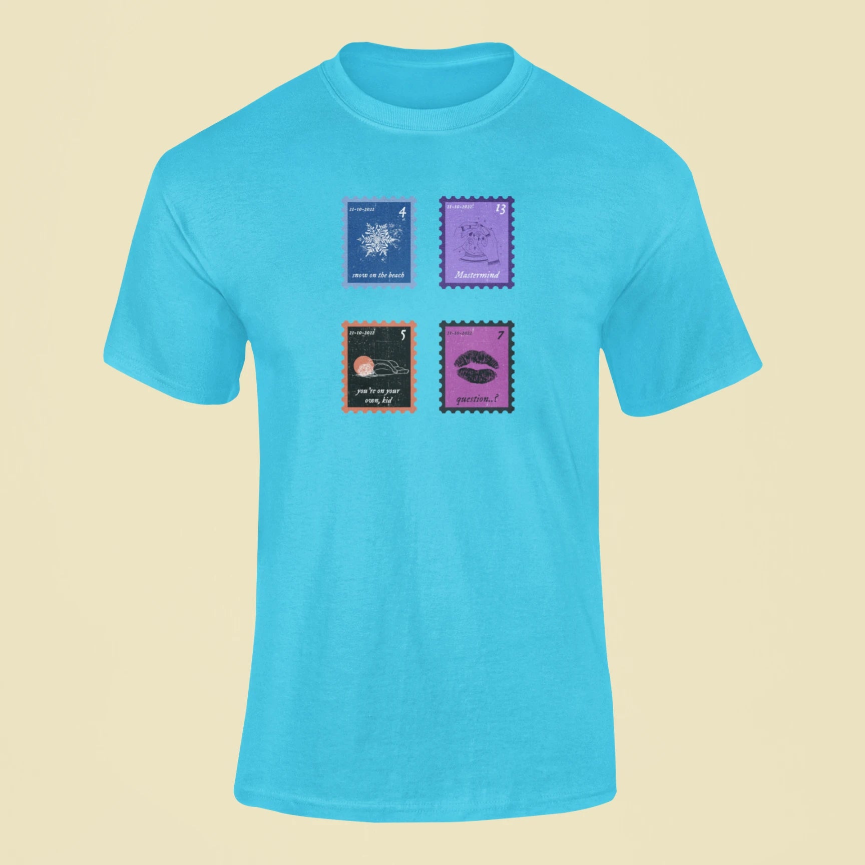midnights song stamps snow on the beach t shirt sky blue