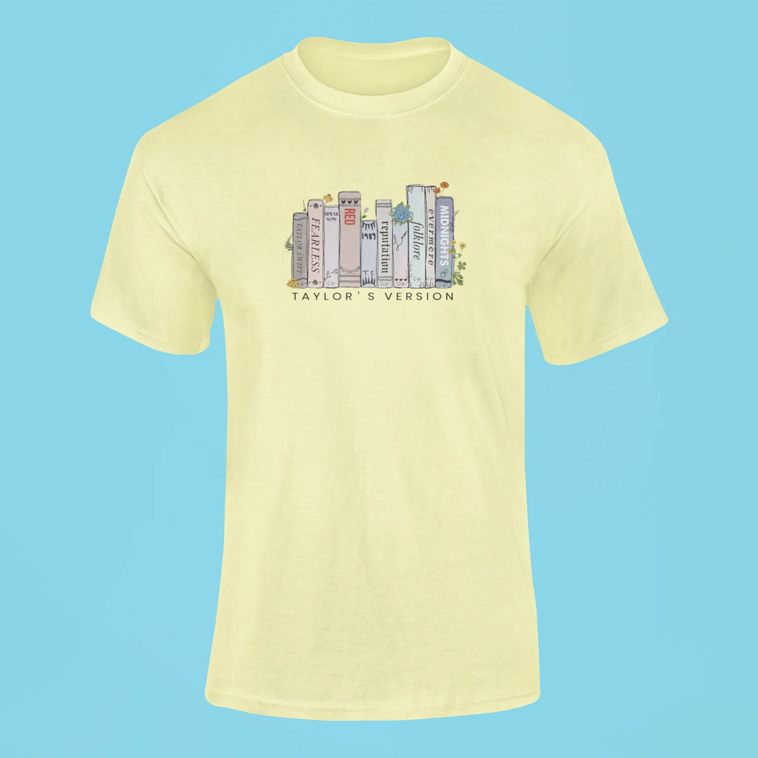 taylor swifts albums as books t shirt 2 butter yellow