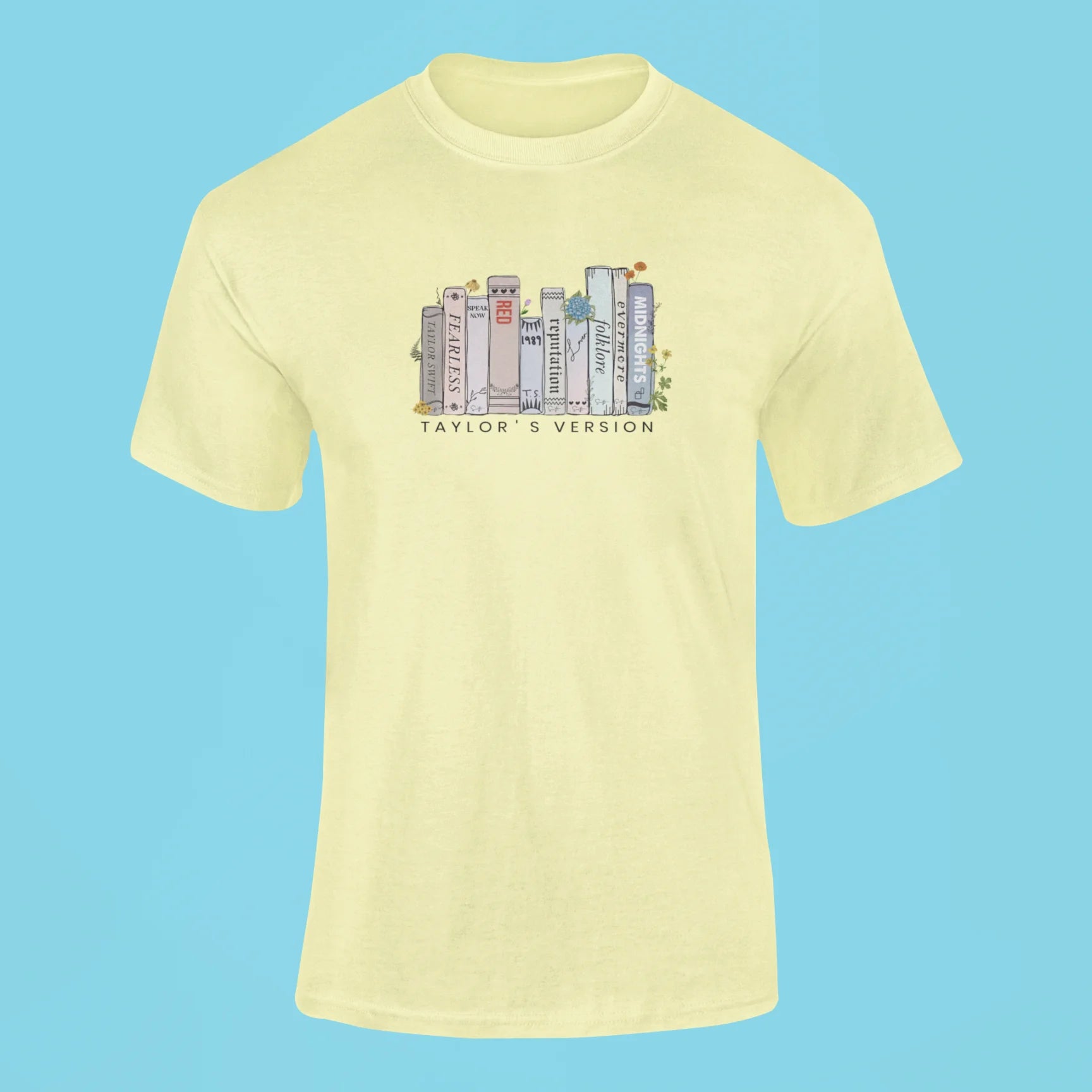 taylor swifts albums as books t shirt 2 butter yellow