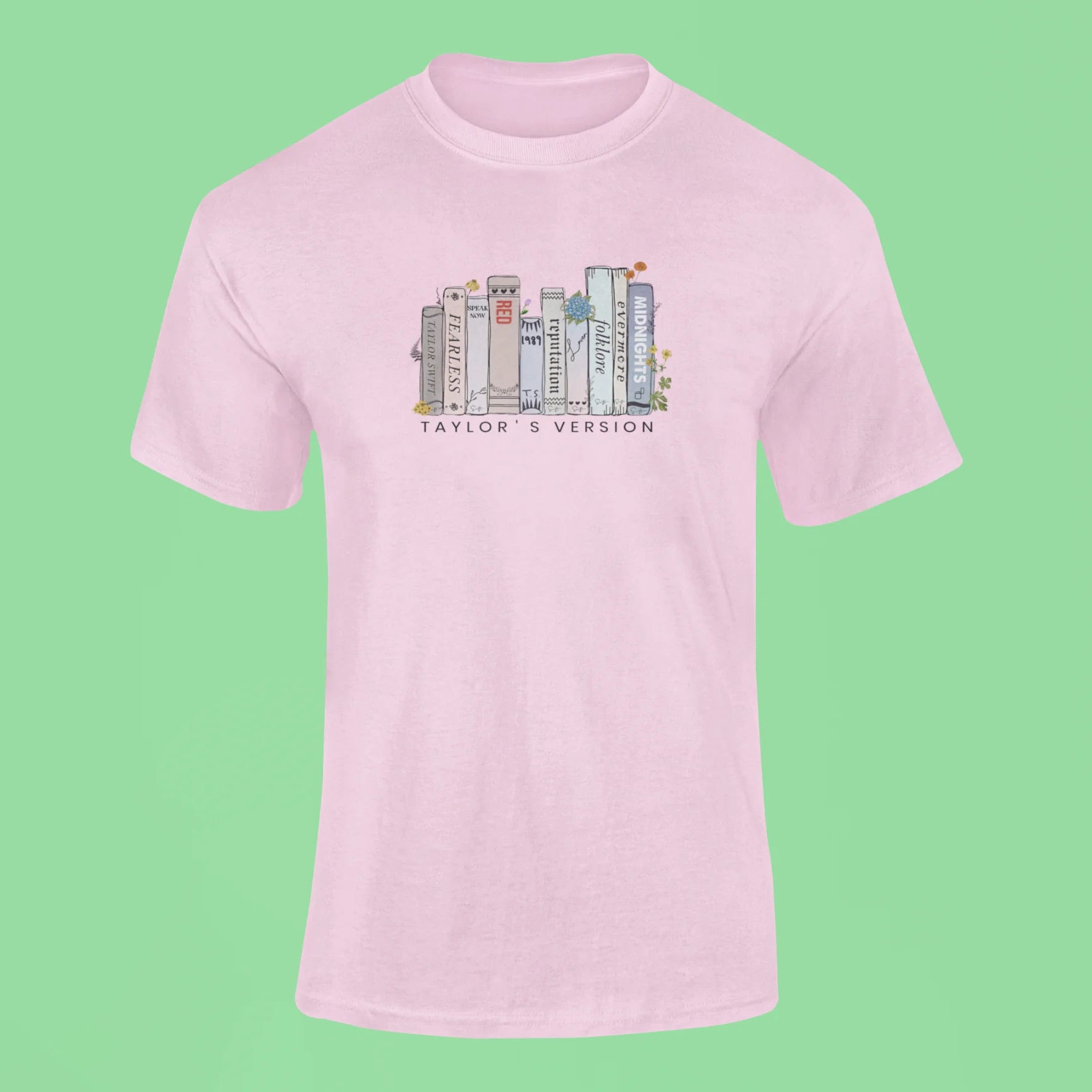 taylor swifts albums as books t shirt 2 pink