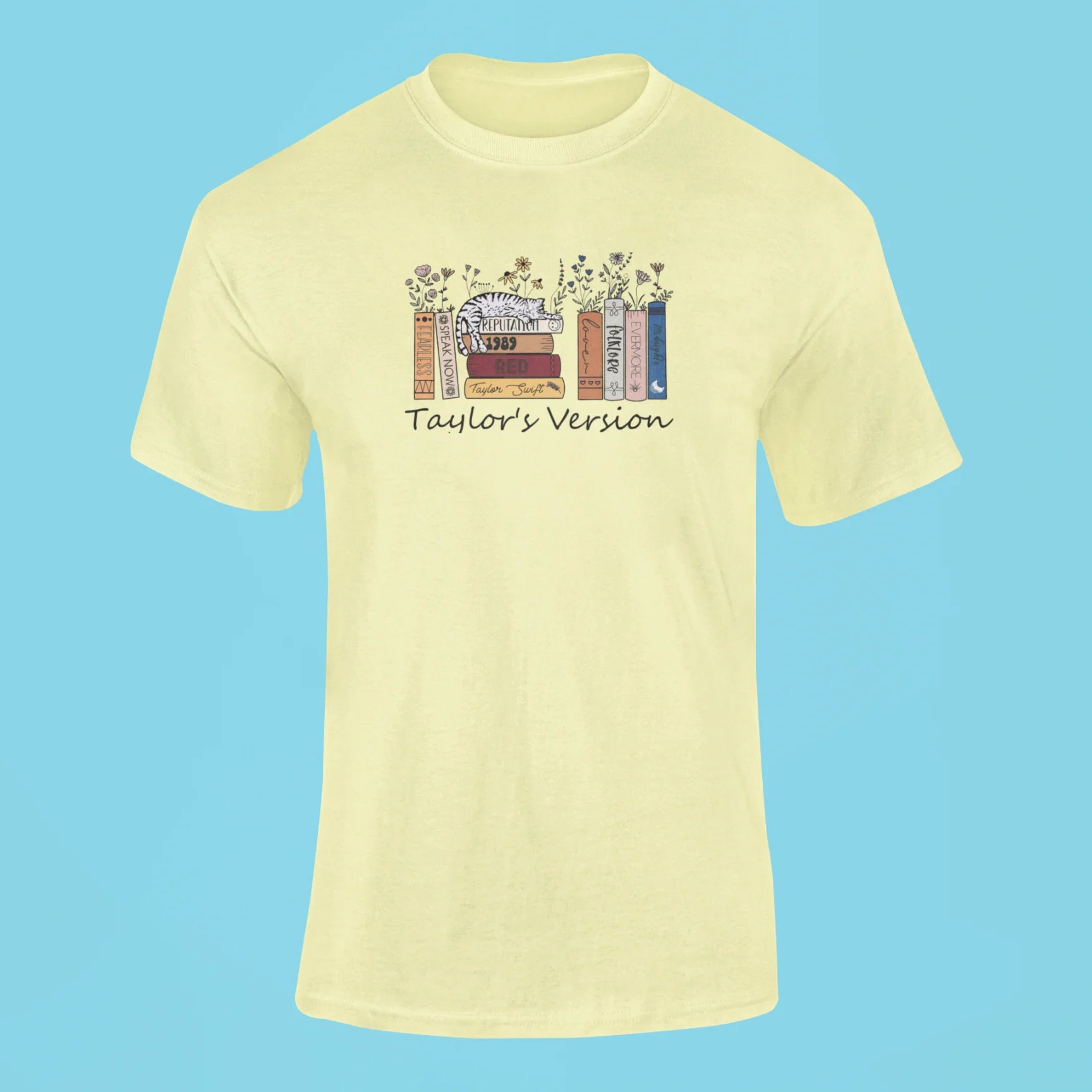taylor swifts albums as books t shirt 3 butter yellow