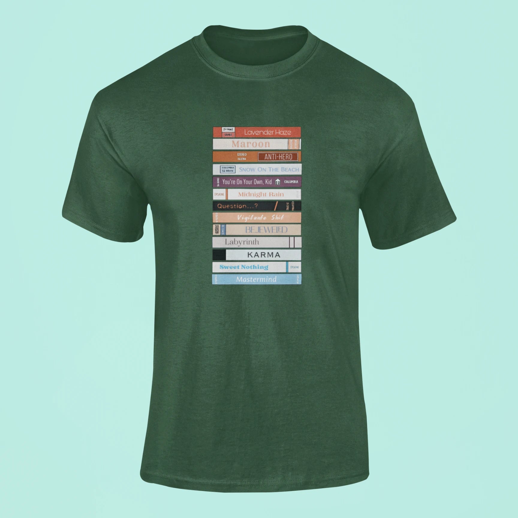 taylor swifts midnights bookshelf t shirt green